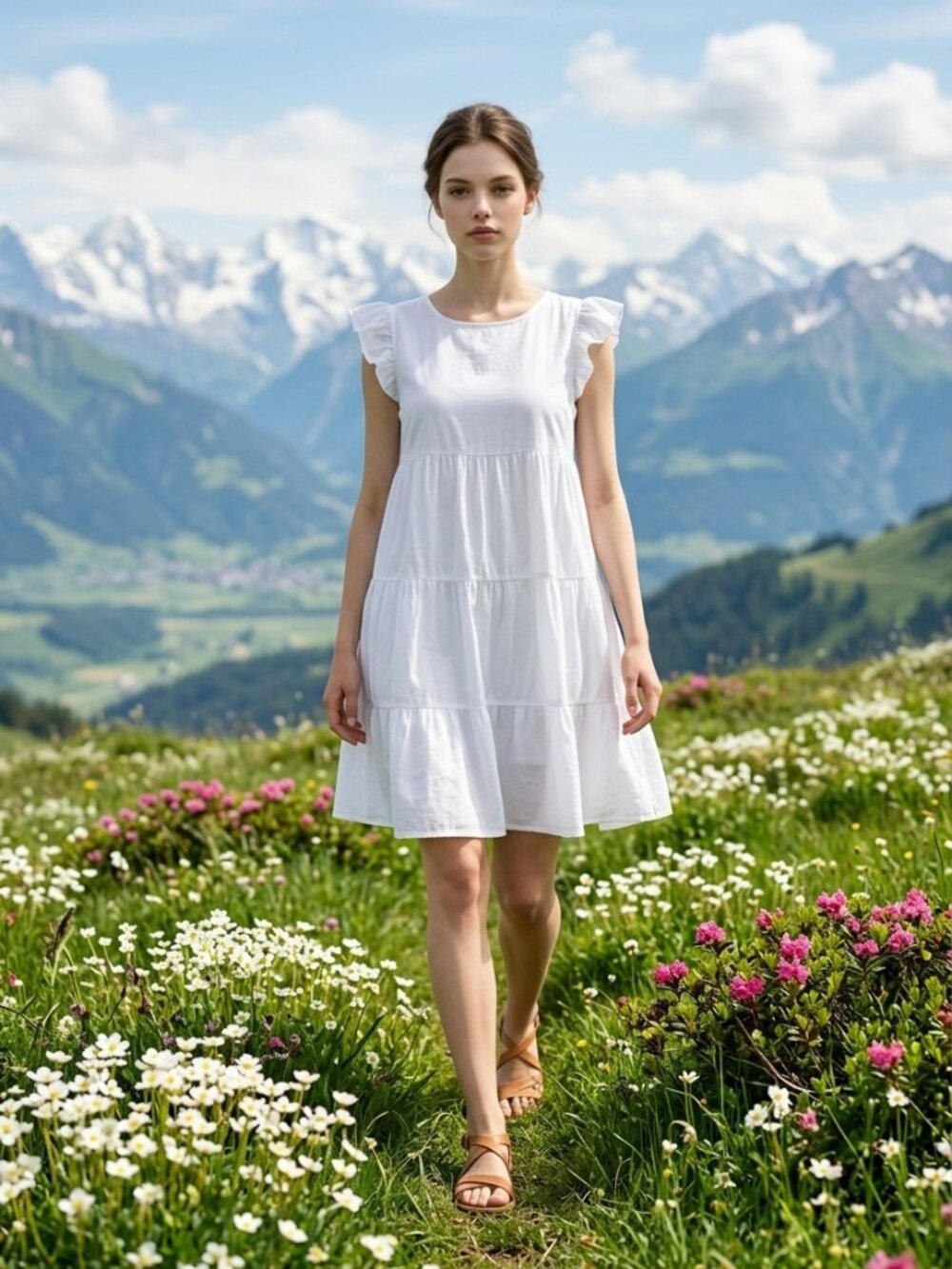 KIRUNDO White Flutter Sleeve Tiered Babydoll Dress Size S NWT